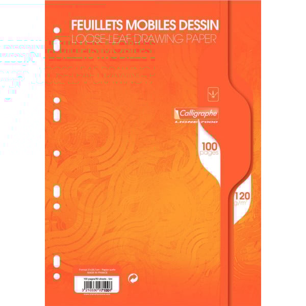 Sachet de 50 feuillets mobiles dessin, format A4, uni, papier 120g, blanc