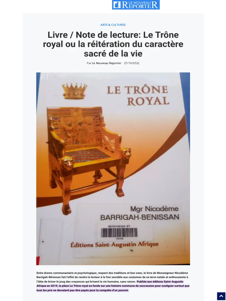 Le Trône Royal Ou La Réitération Du Caractère Sacré de La Vie